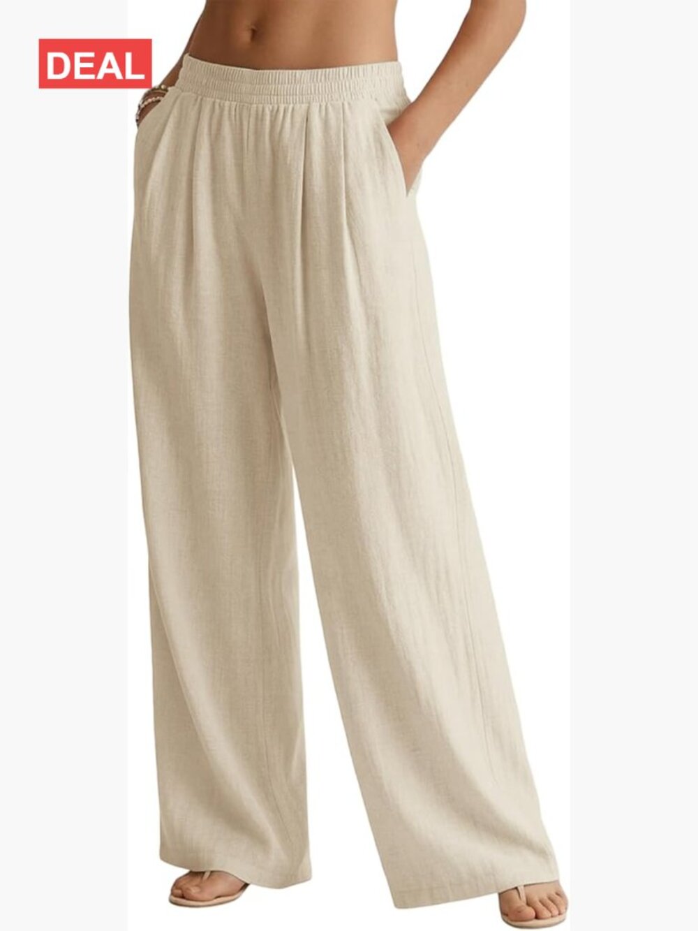Linen Blend Wide Leg Palazzo Pants with Pockets Elastic Waist Beach Vacation